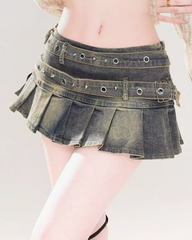 Denim Pleated Mini Skirt