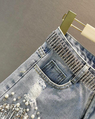Denim Shorts With Rhinestone Fringe
