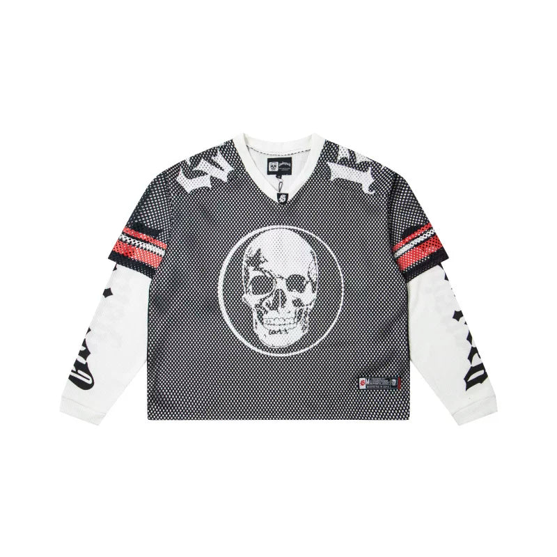 "Godspeed" Layered Mesh Skull Long Sleeve Jersey (Black/White/Red)