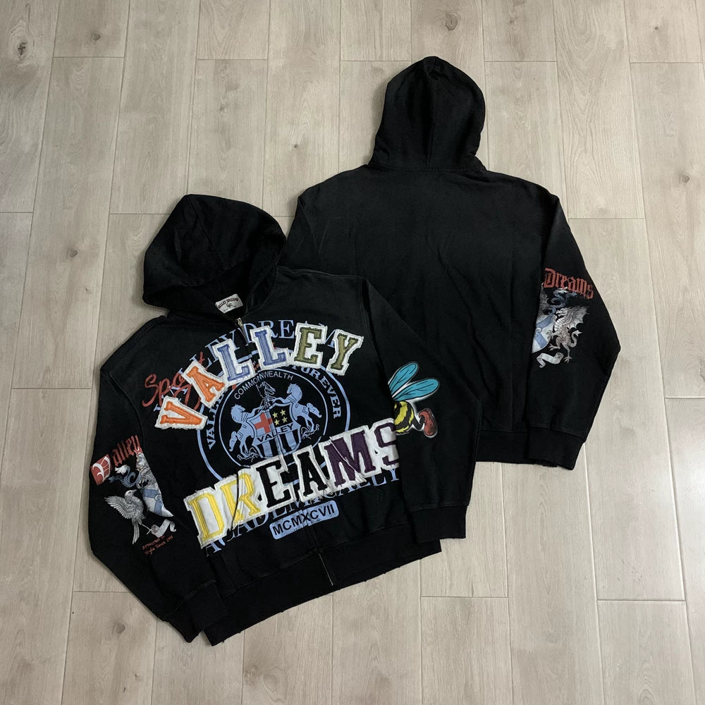 Vale Forever "Valley Dreams Emblem" Vintage Zip-Up Hoodie (Black)