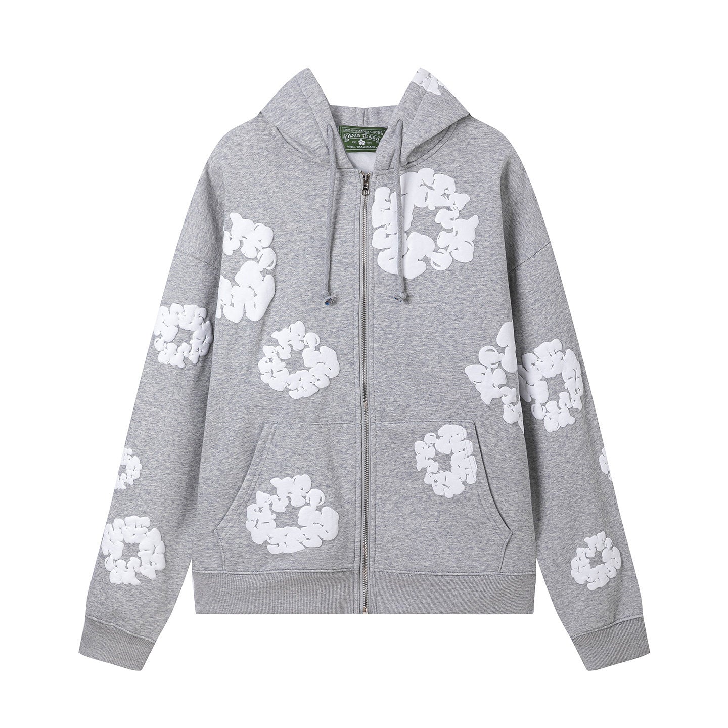 "Denim Tears" Grey Floral Pattern Full-Zip Hoodie
