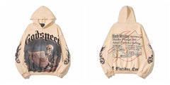 Vintage "Godspeed" Black Monday Newspaper Skull Oversized Beige Hoodie