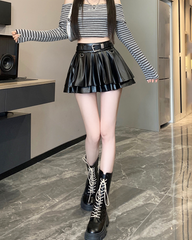 Black Pleated Leather Mini Skirt