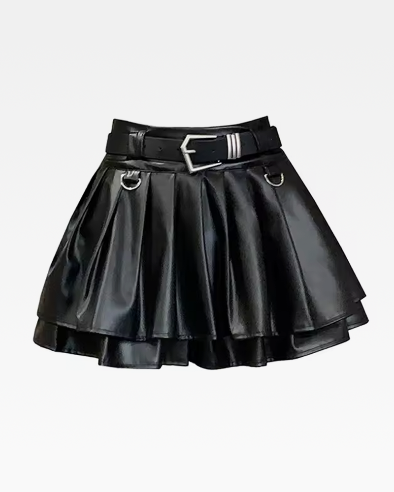 Black Pleated Leather Mini Skirt