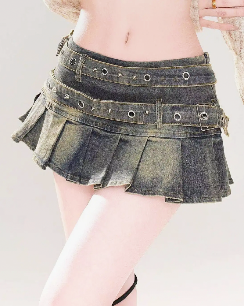 Denim Pleated Mini Skirt