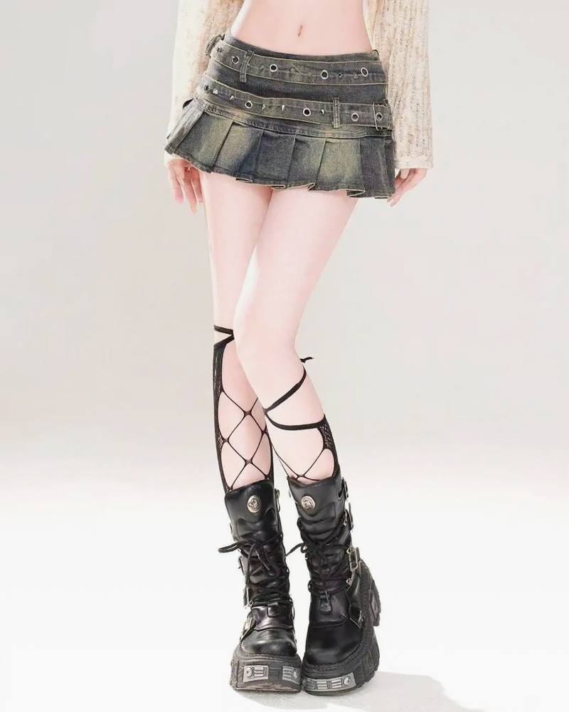 Denim Pleated Mini Skirt