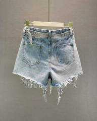 Denim Shorts With Rhinestone Fringe