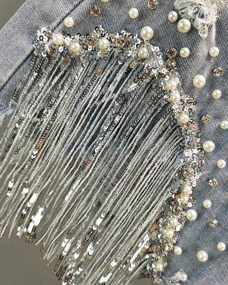 Denim Shorts With Rhinestone Fringe