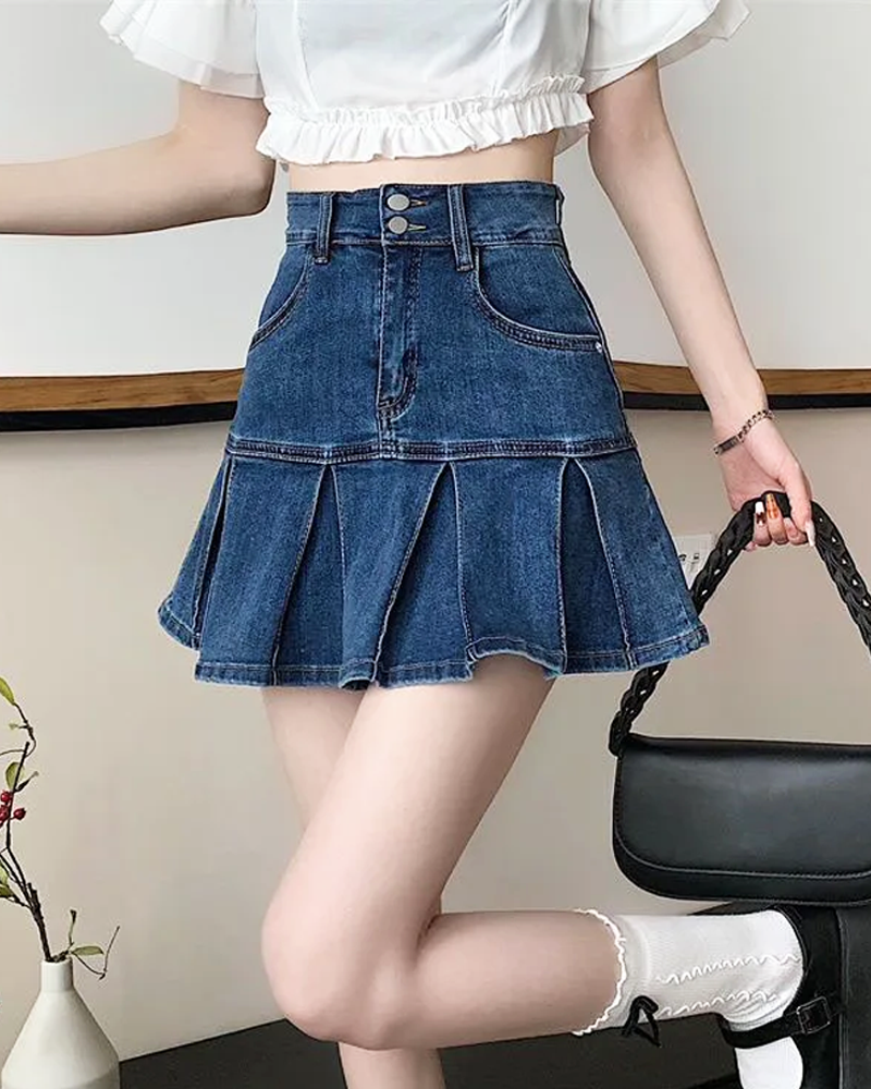 Denim Skirt With Pleats