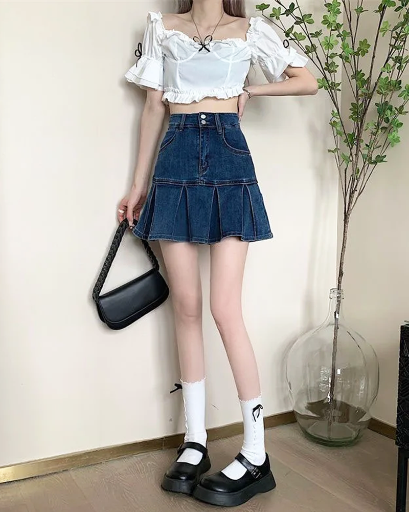Denim Skirt With Pleats