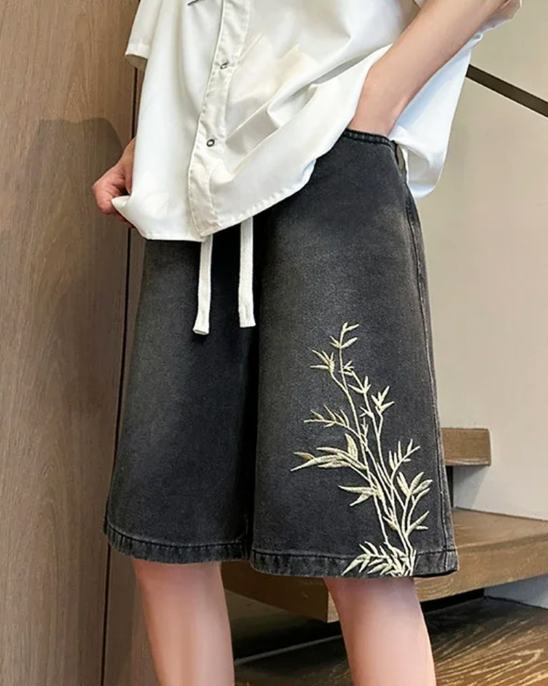 Embroidered Denim Shorts