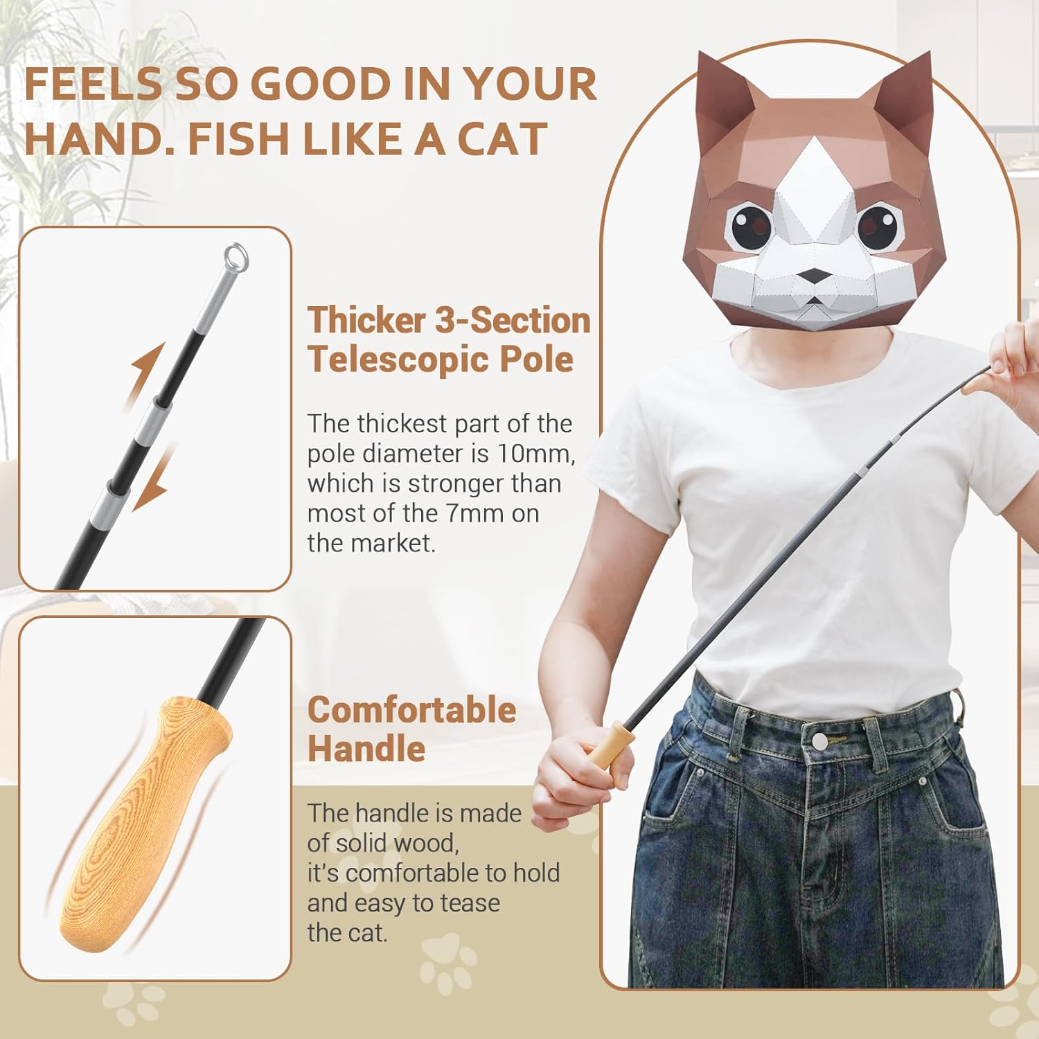 Cat Teaser Wand Toys, Interactive Bird Toys for Indoor Kittens, 42.15’’ Long Cat Fishing Pole Toys, 2Pcs Wires and 5Pcs Natural Refills, Sustainable Wooden Handles, Exercising, Playing