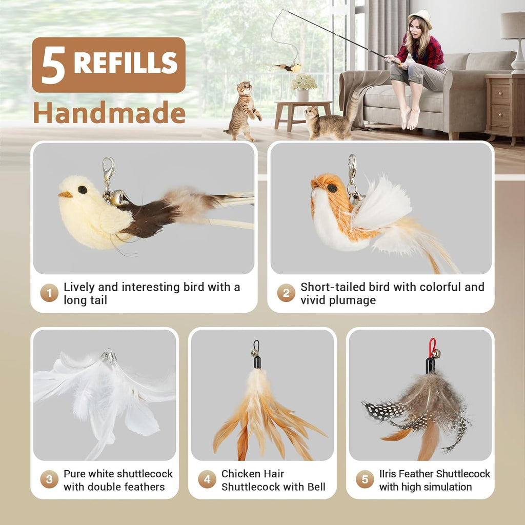 Cat Teaser Wand Toys, Interactive Bird Toys for Indoor Kittens, 42.15’’ Long Cat Fishing Pole Toys, 2Pcs Wires and 5Pcs Natural Refills, Sustainable Wooden Handles, Exercising, Playing
