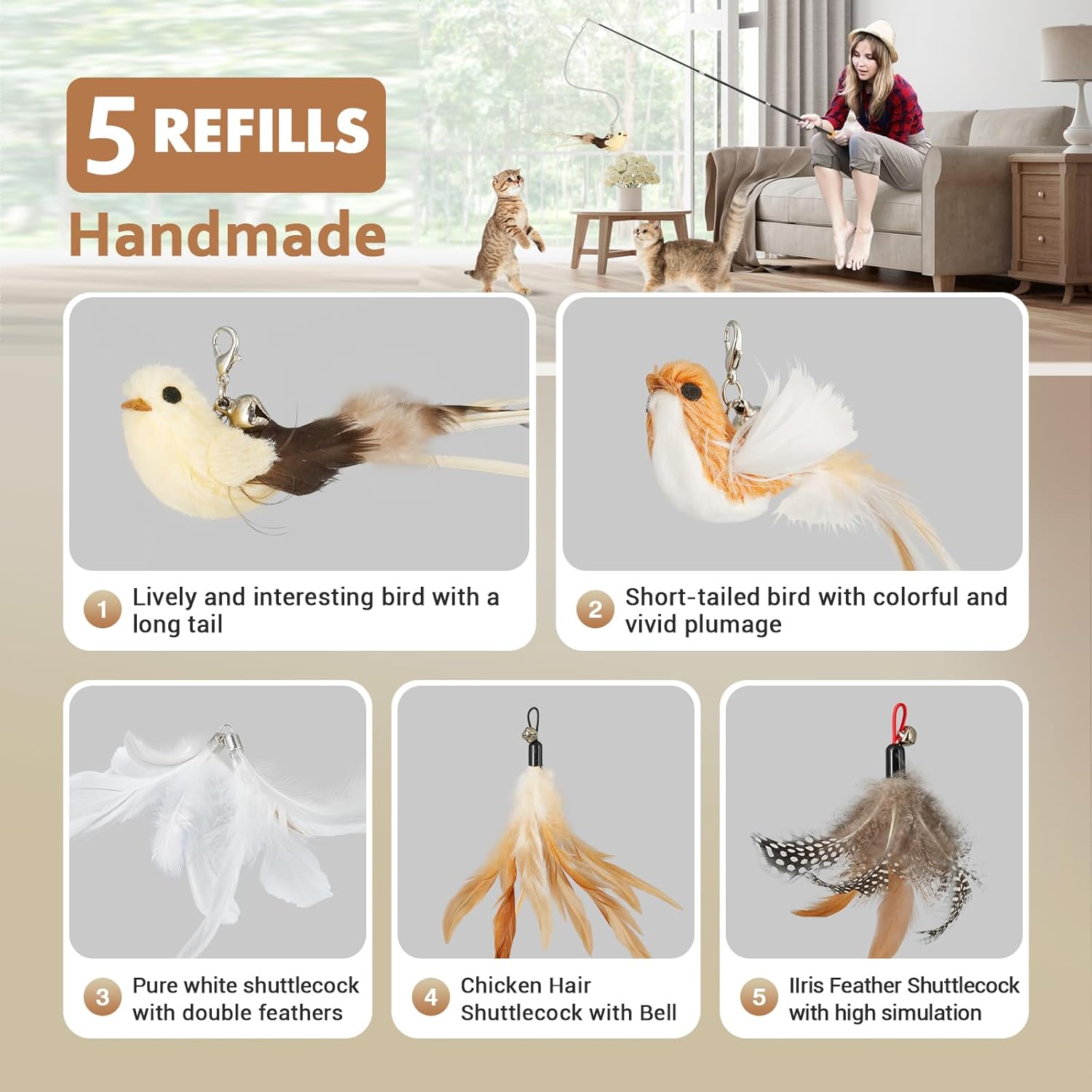 Cat Teaser Wand Toys, Interactive Bird Toys for Indoor Kittens, 42.15’’ Long Cat Fishing Pole Toys, 2Pcs Wires and 5Pcs Natural Refills, Sustainable Wooden Handles, Exercising, Playing