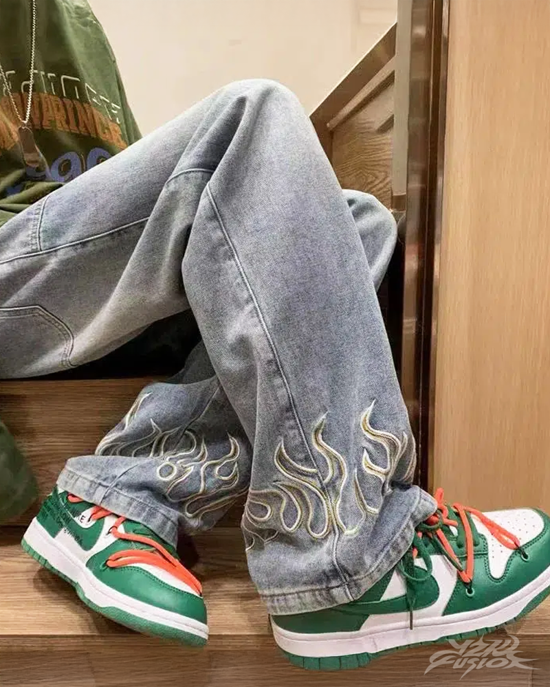 Jeans With Embroidered Flames