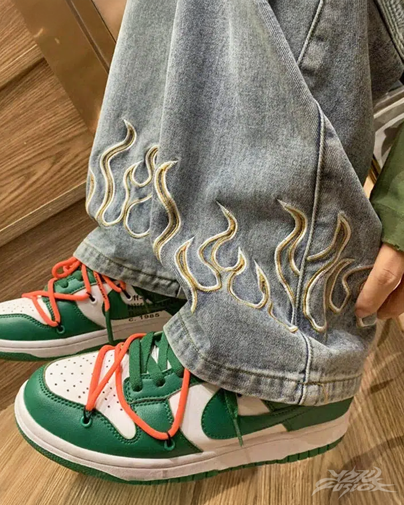 Jeans With Embroidered Flames