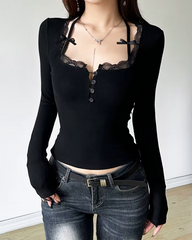 Lace Trim Long Sleeve Top