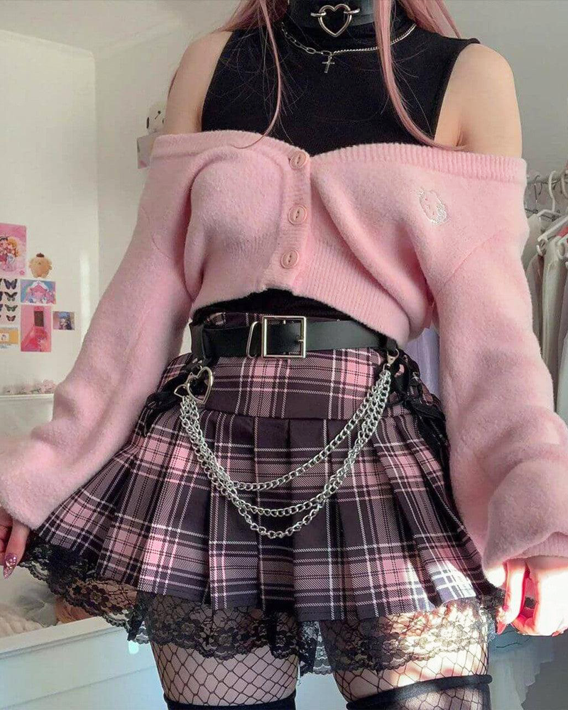 Pink And Black Plaid Pleated Skirt