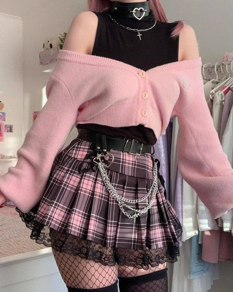 Pink And Black Plaid Pleated Skirt