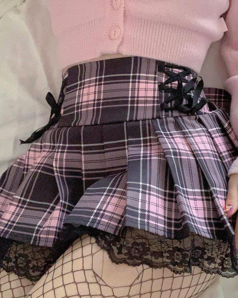 Pink And Black Plaid Pleated Skirt