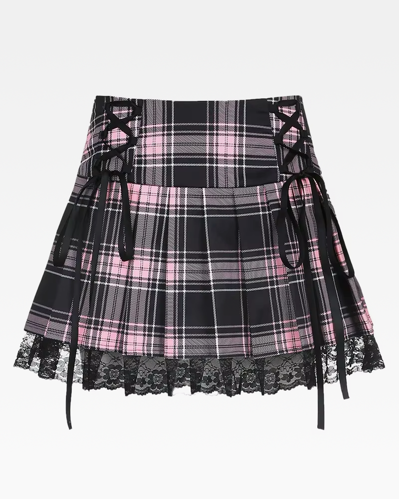 Pink And Black Plaid Pleated Skirt