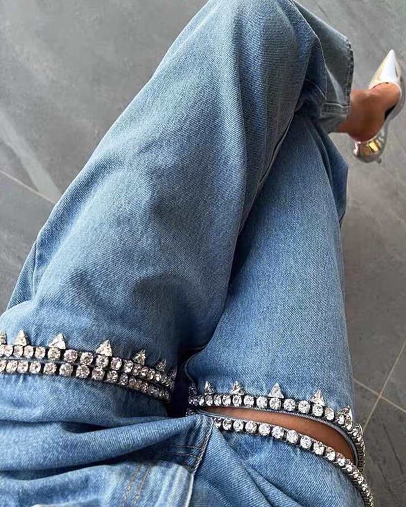 Rhinestone Cut Out Jeans