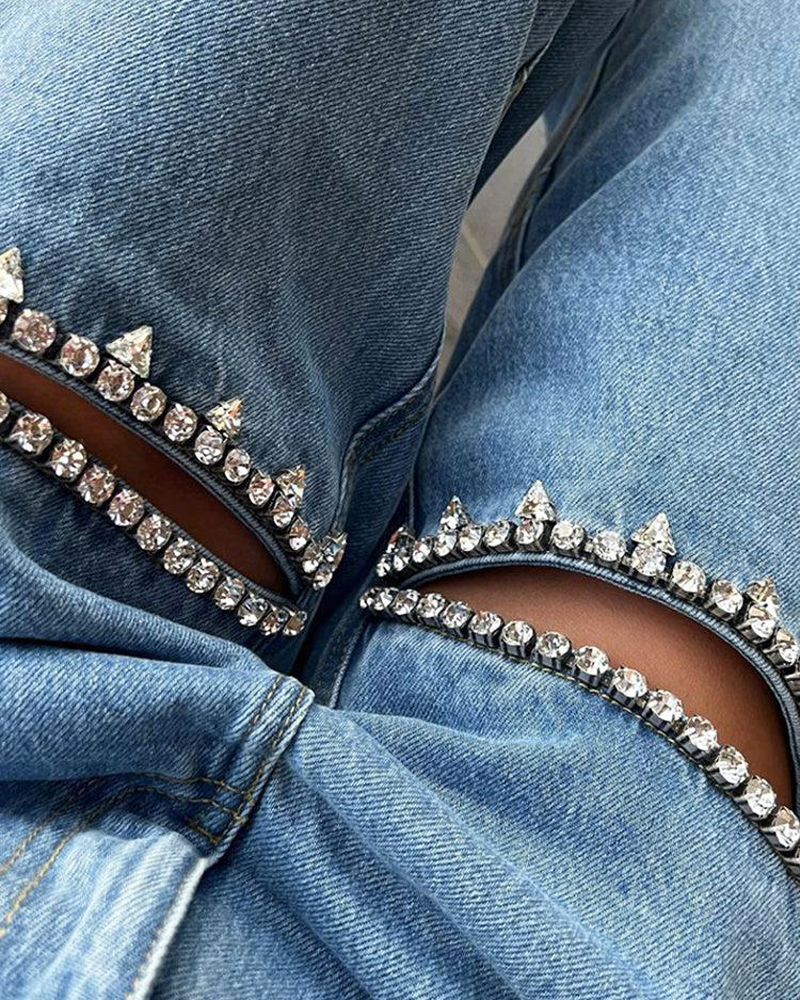 Rhinestone Cut Out Jeans