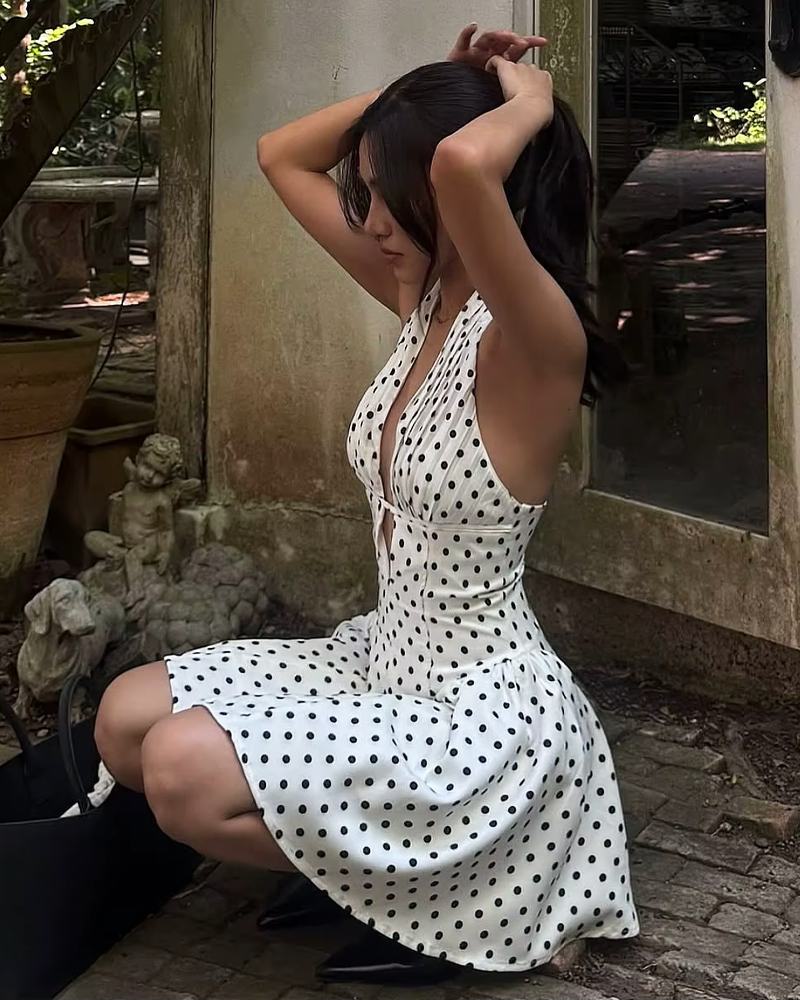 White Polka Dot Halter Dress